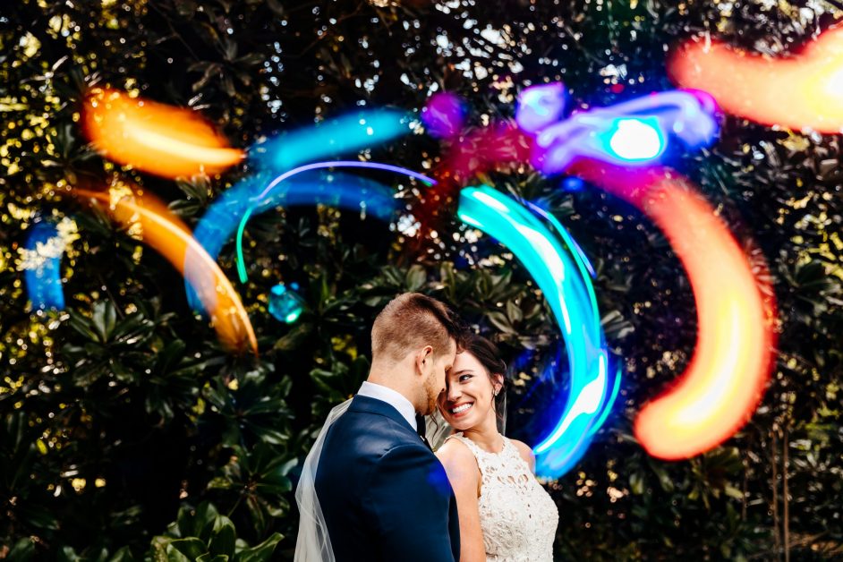 Memphis bride and groom with added color lights by wedding photographer JMP